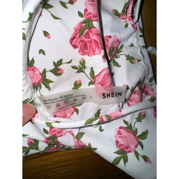 Pink Rose Floral Triangle Bikini Large White Two Piece Swimsuit Bathing Suit - Picture 5 of 5